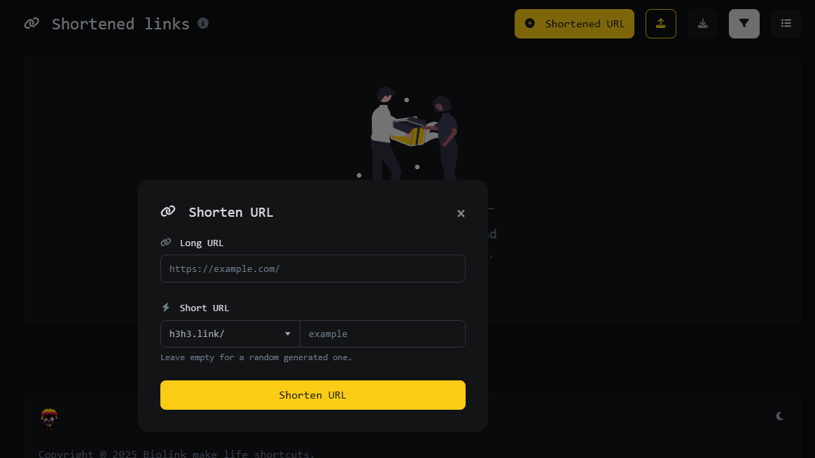 Screenshot of the app short URL editing page