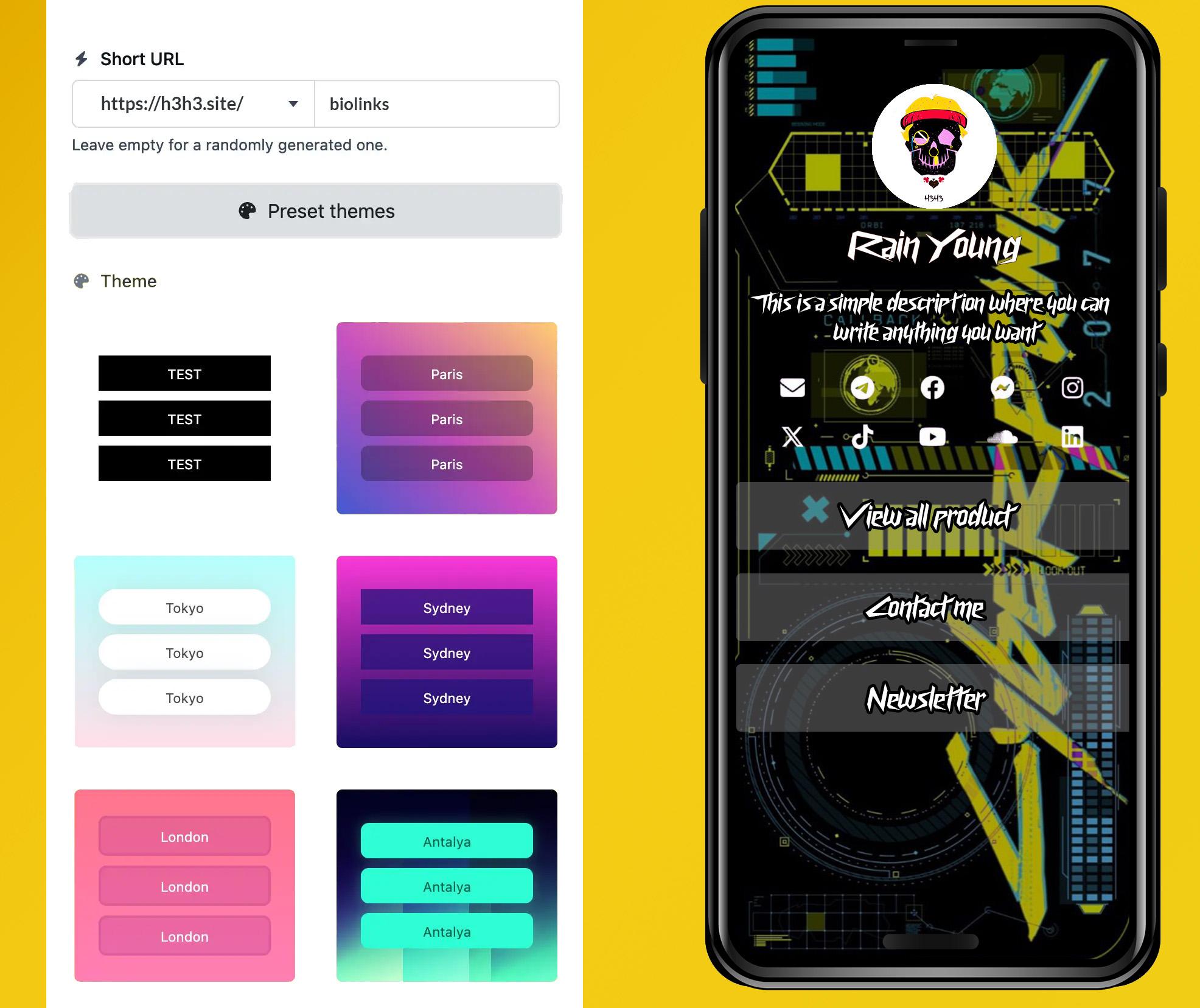 Screenshot of the app biolink editing page